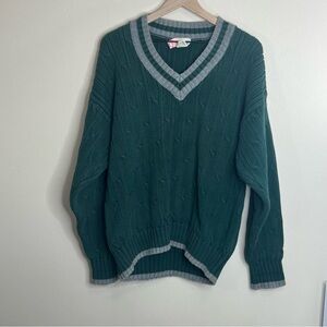 VTG 80s Banana Republic Varsity V Neck Cable Knit Sweater XL Green USA Made